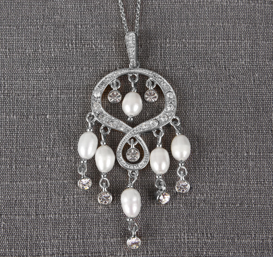 Silver Rhinestone & Pearl Chandelier Wedding Necklace