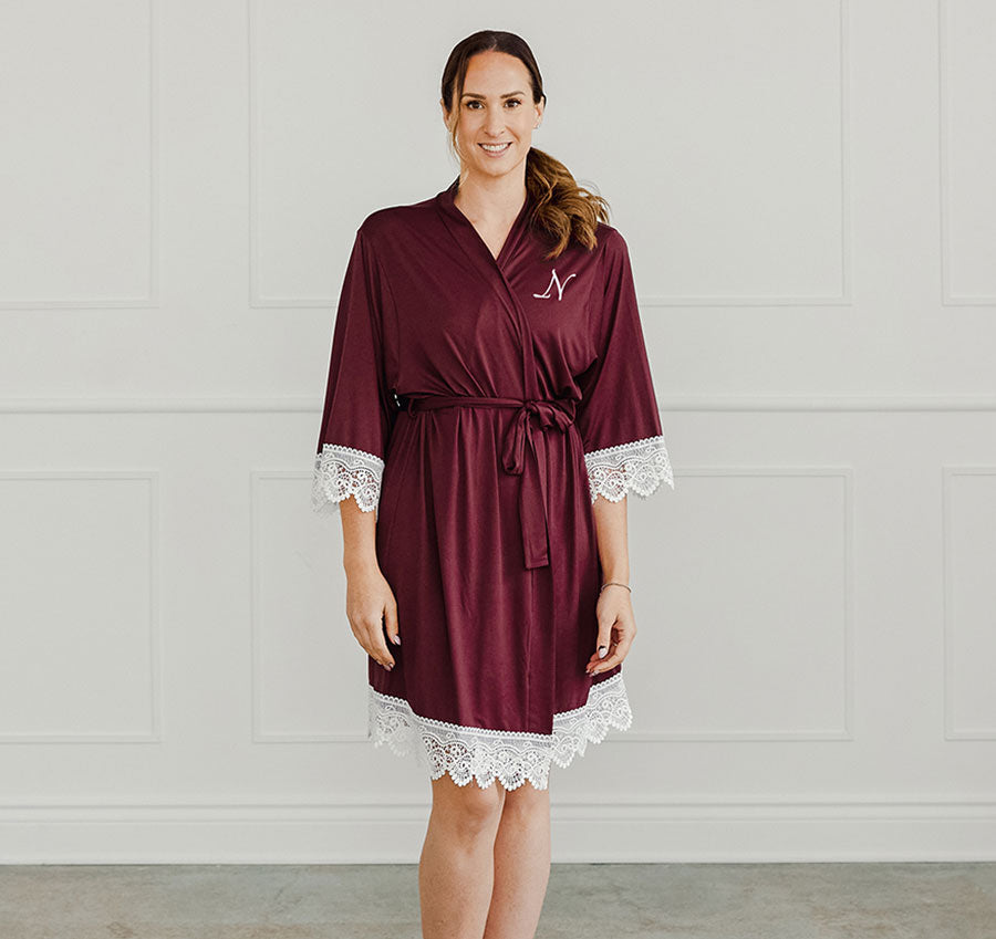 Burgundy Jersey and Lace Bridesmaid Robe