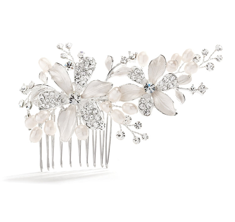 Brushed Silver Freshwater Pearls & Crystals Bridal Hair Comb