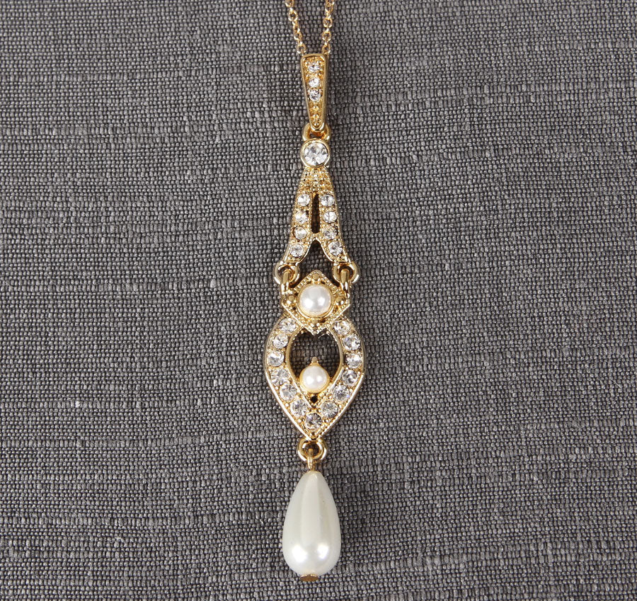 Gold Tiered Pendant Wedding Necklace with Dangling Pearls