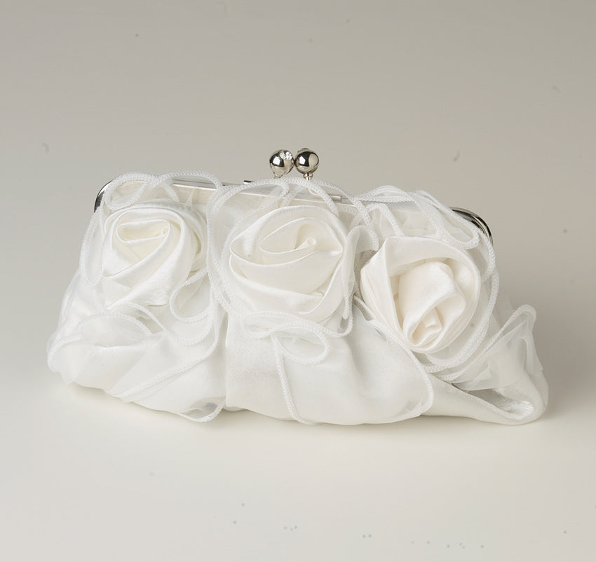 Satin & Sheer Roses White Flower Bridal Purse