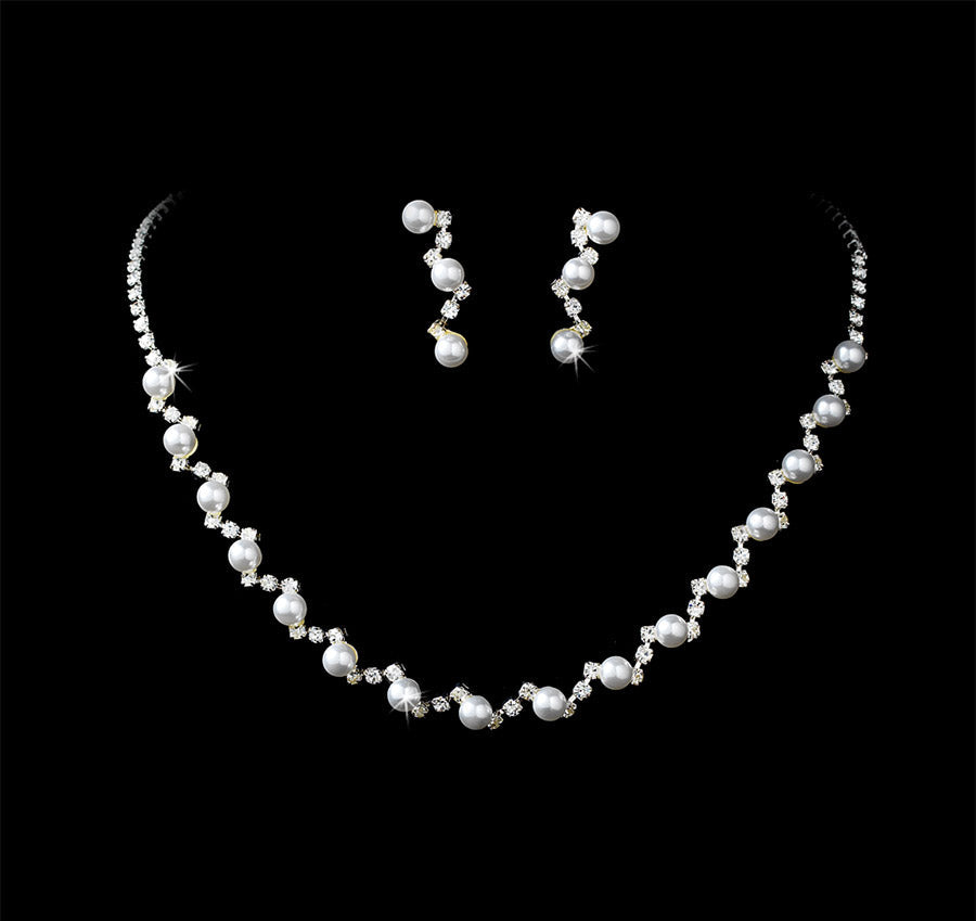 Rhinestones & Pearls Bridal Necklace & Earring Set