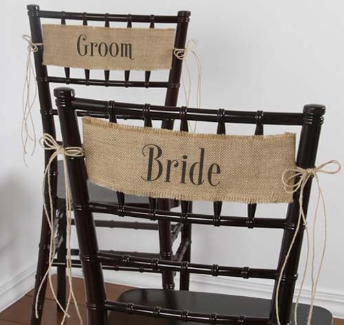 Bride and Groom Burlap Chair Sashes with Jute Cord Ties