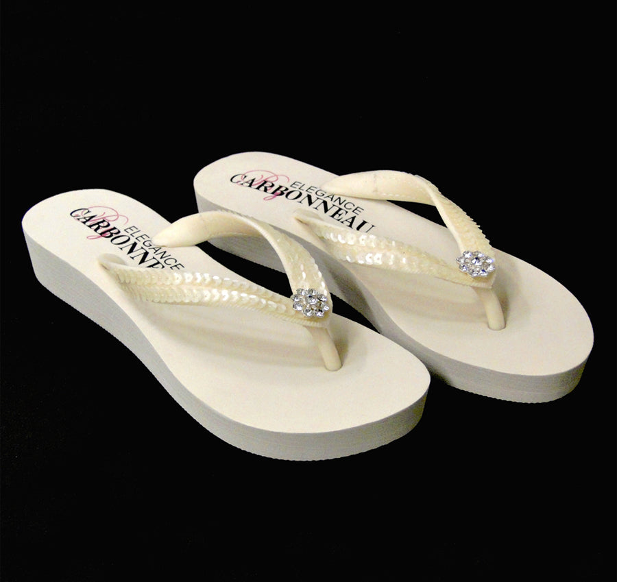 Sequins & Crystals Low Wedge Bridal Flip Flops - Ivory
