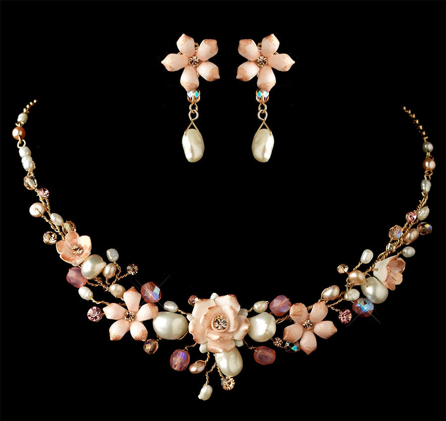 Pink Porcelain Floral Bridal Necklace & Earring Set