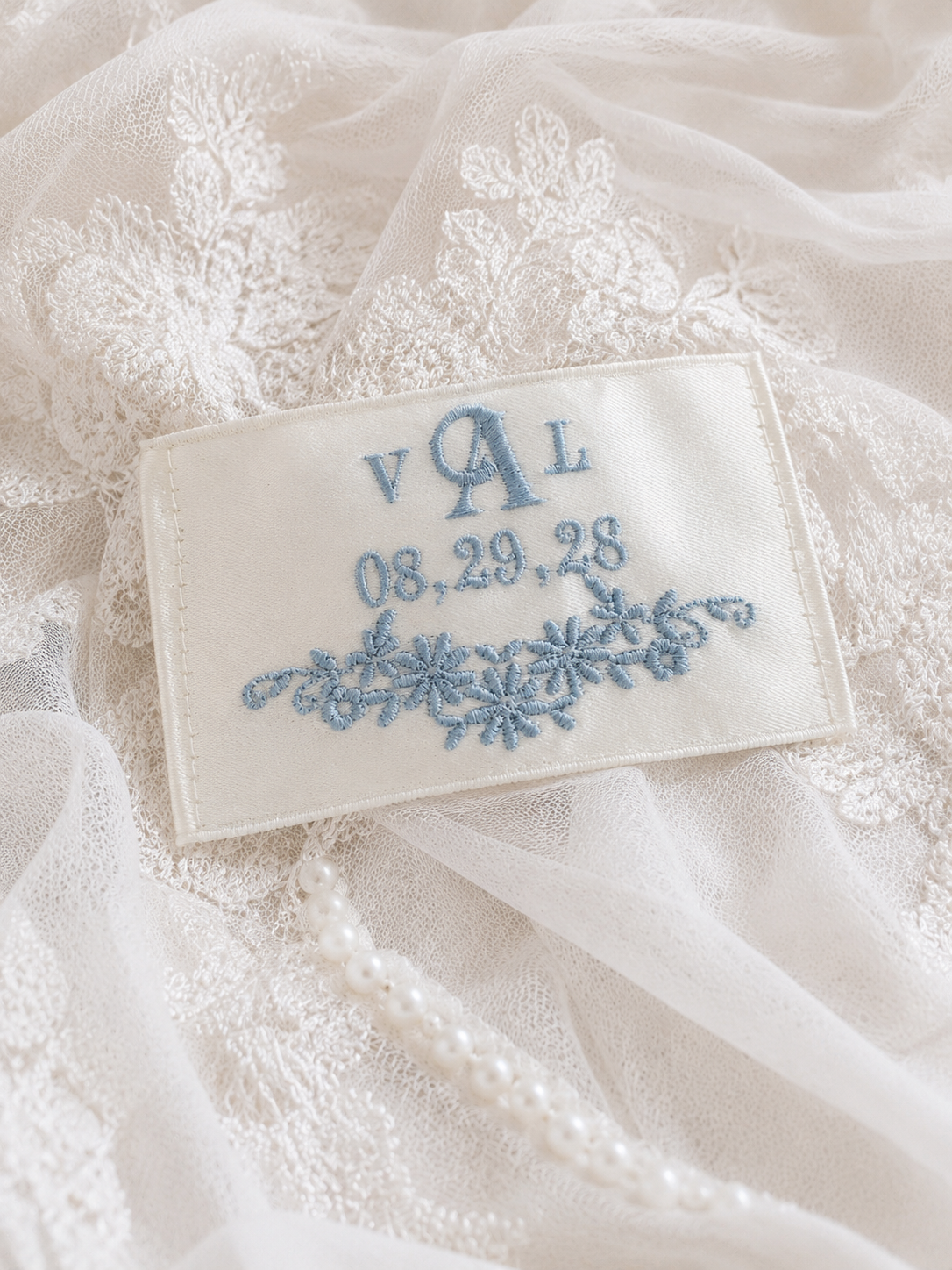 Blue Daisy Monogram Wedding Dress Label