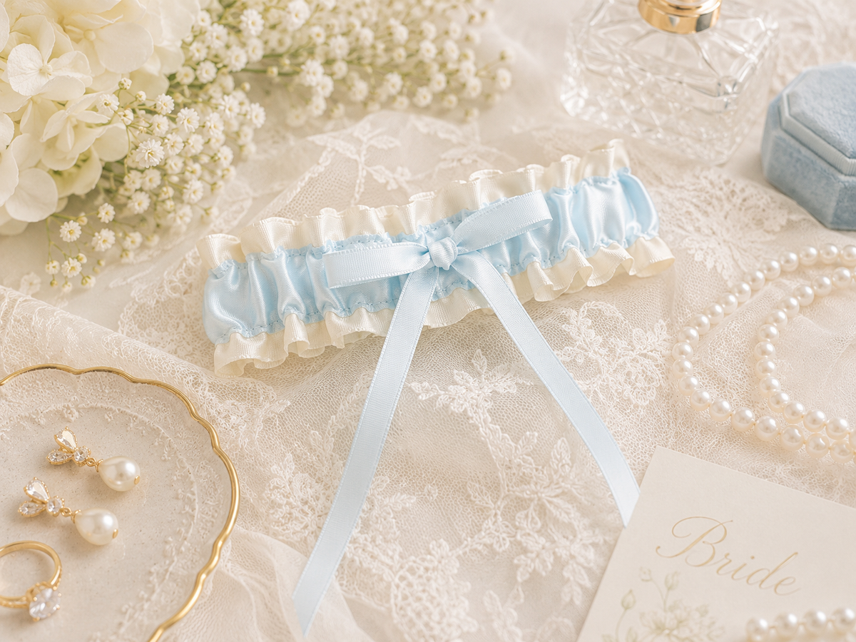 Ruffle Satin Ivory &amp; Something Blue Garter
