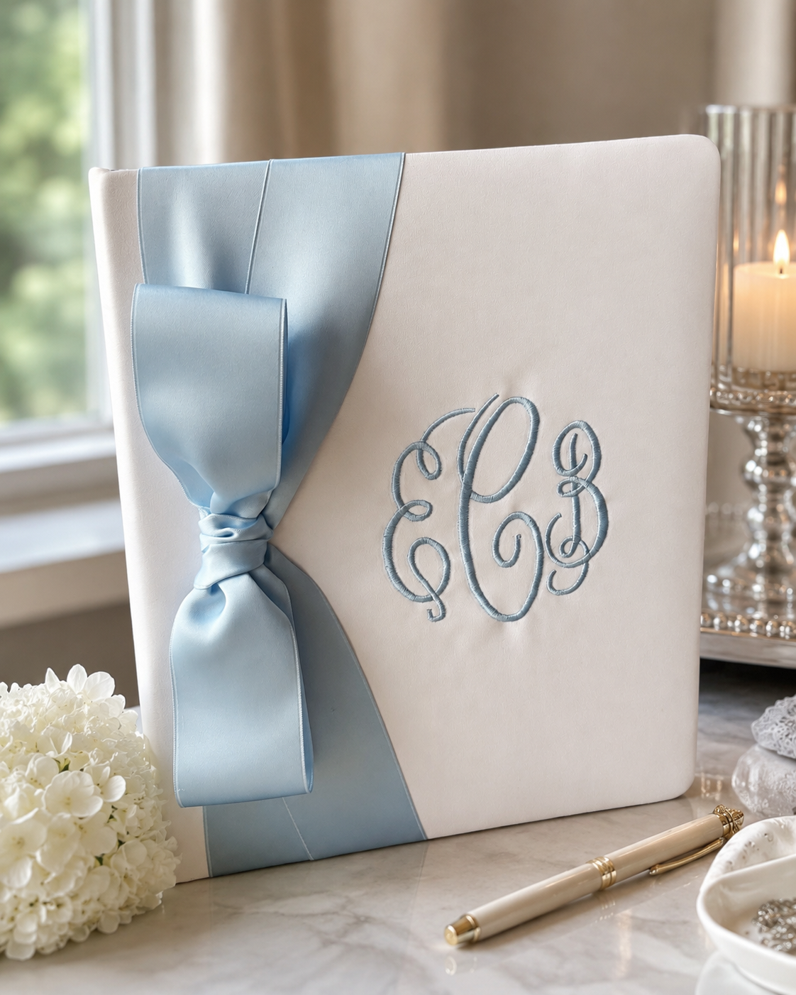 Personalized Satin Wedding Memory Book with Blue Bow &amp; Embroidered Monogram