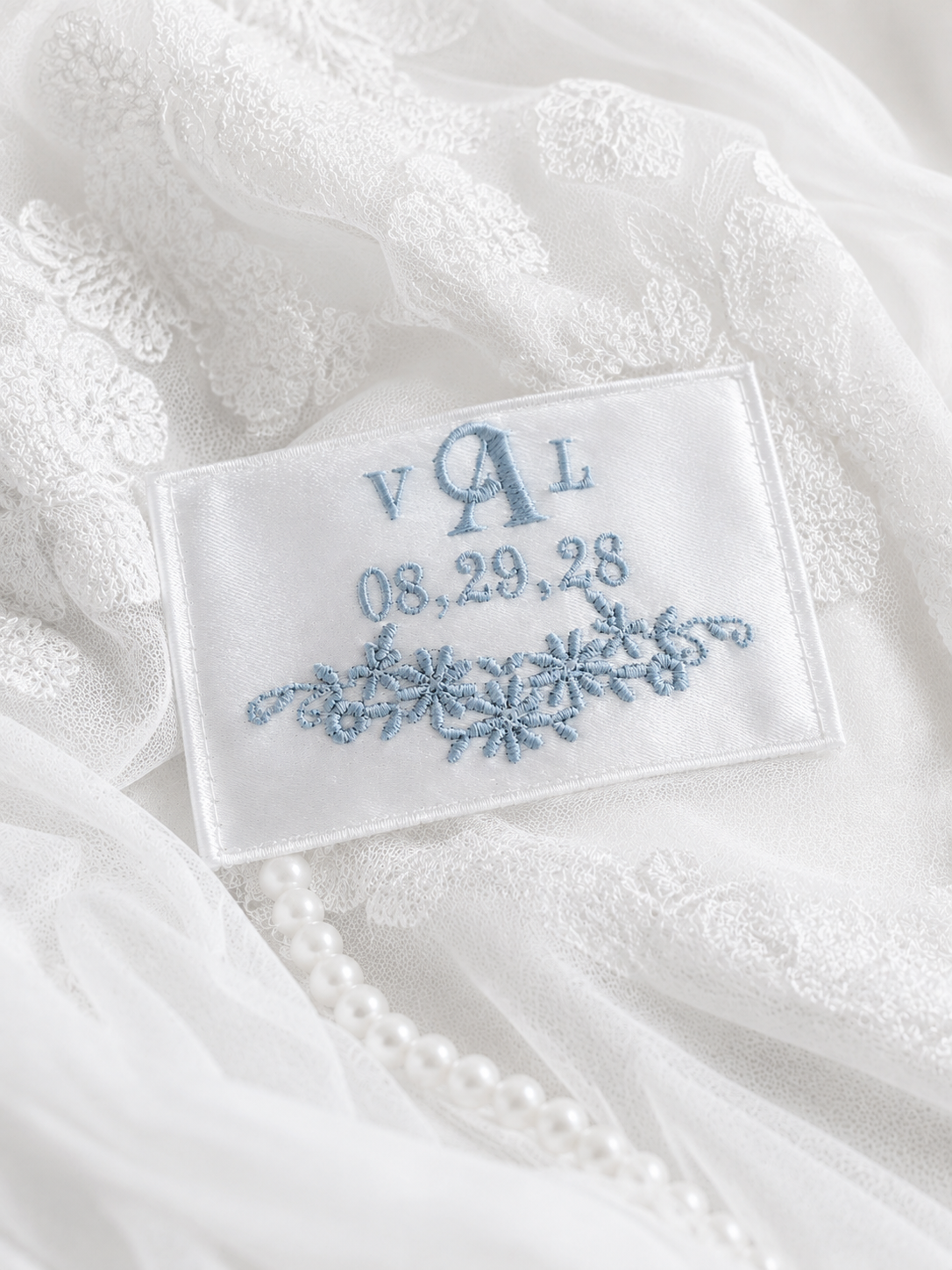 Blue Daisy Monogram Wedding Dress Label