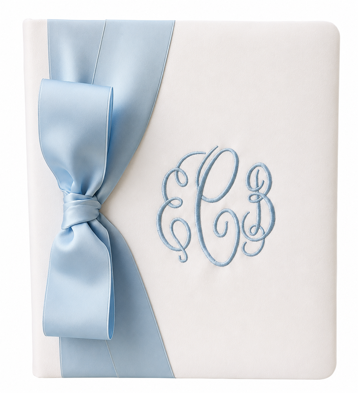 Personalized Satin Wedding Memory Book with Blue Bow & Embroidered Monogram