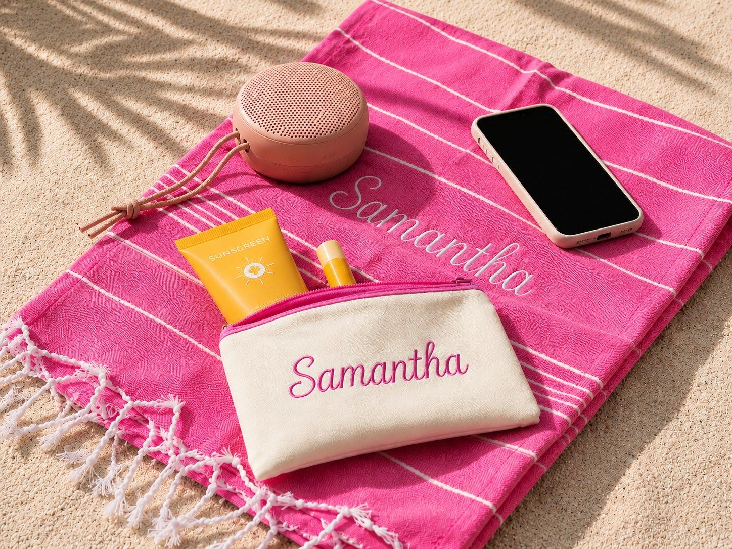 Personalized Turkish Beach Towel & Travel Pouch Set - Hot Pink