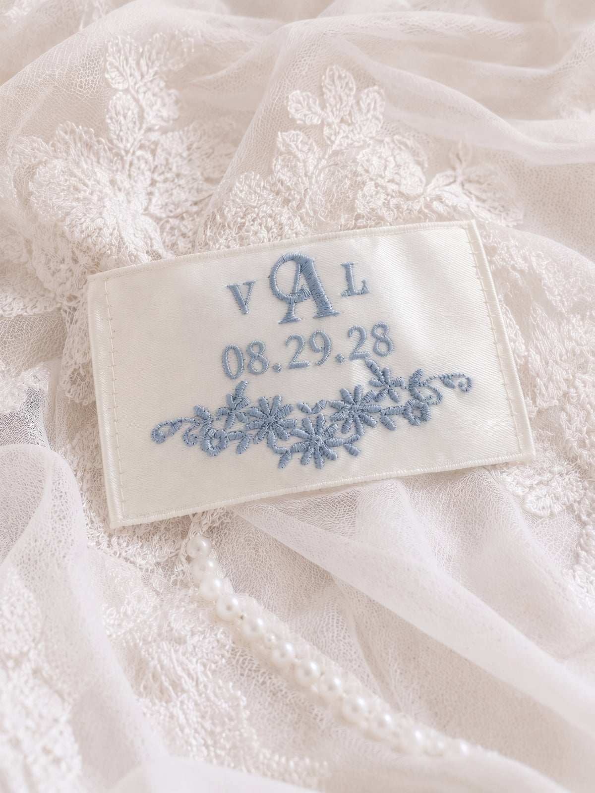 Blue Daisy Monogram Wedding Dress Label