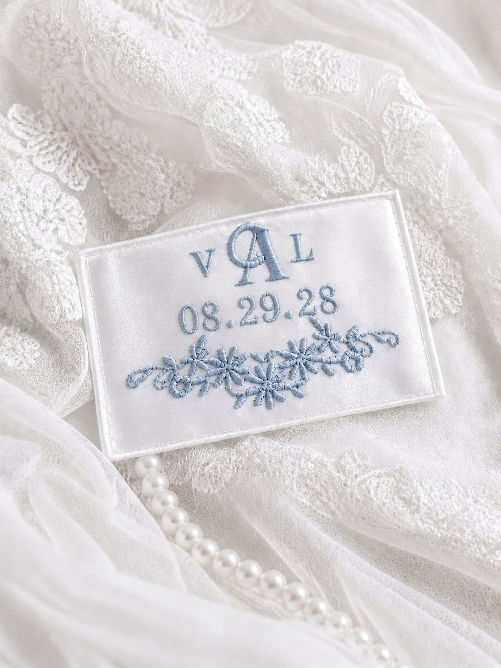 Blue Daisy Monogram Wedding Dress Label
