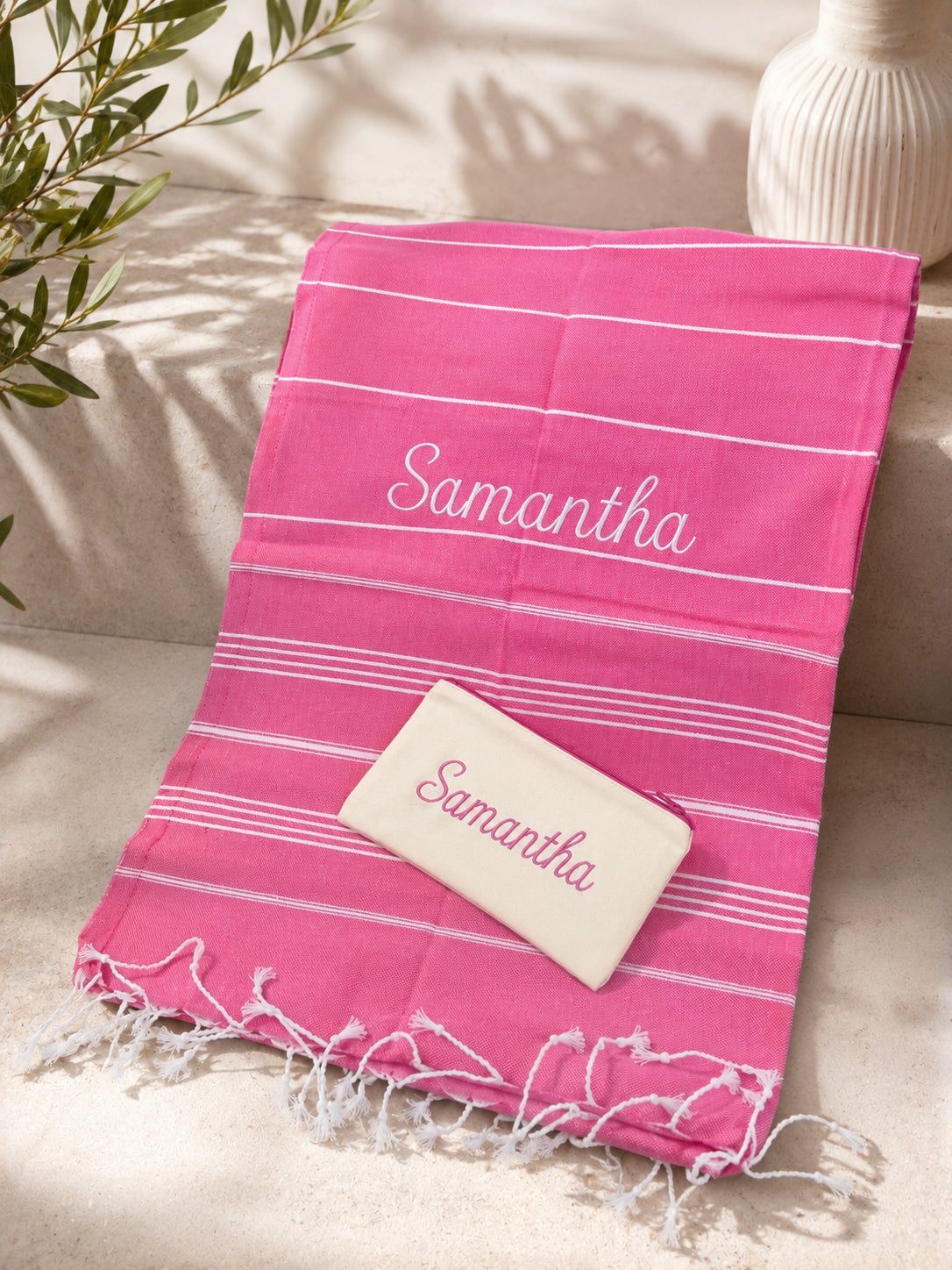 Personalized Turkish Beach Towel &amp; Travel Pouch Set - Hot Pink