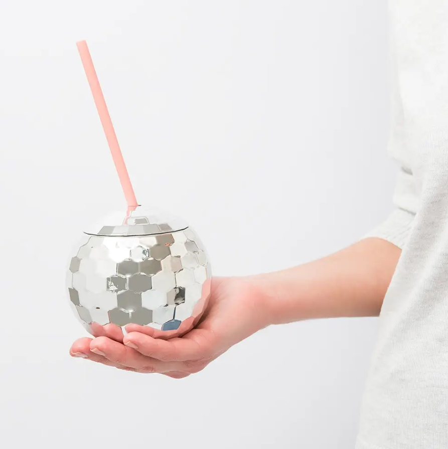 Bridal Party Disco Ball Tumbler Cup - Silver With Pink Straw
