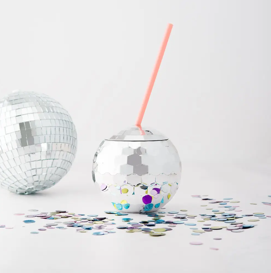 Bridal Party Disco Ball Tumbler Cup - Silver With Pink Straw