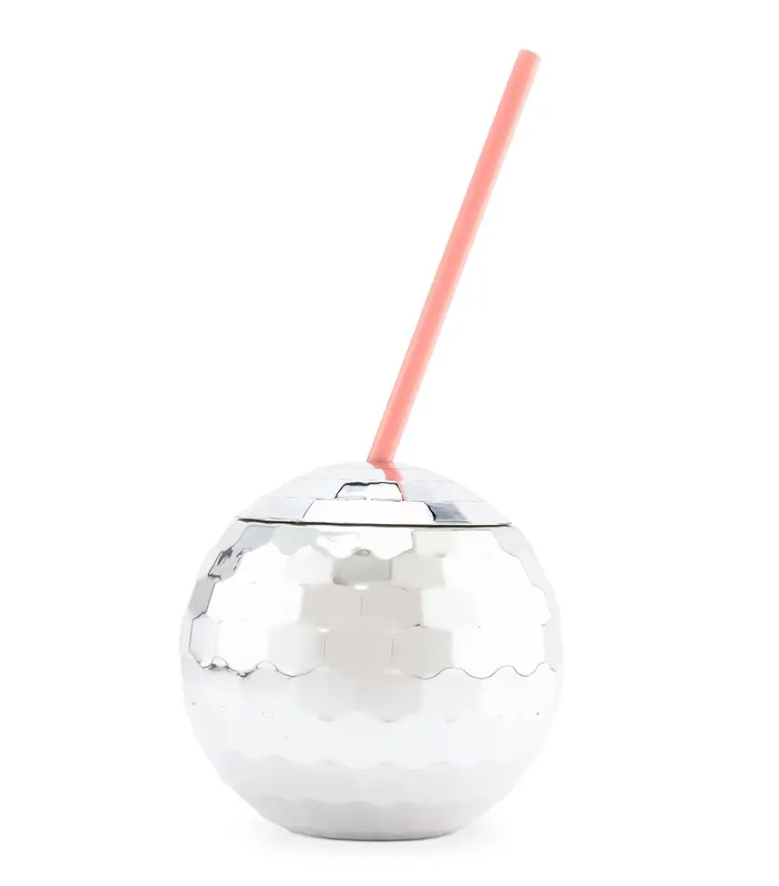Bridal Party Disco Ball Tumbler Cup - Silver With Pink Straw