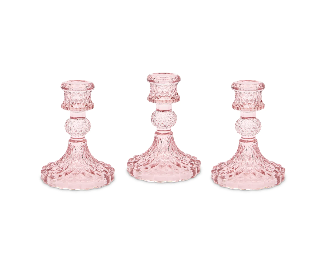 Vintage Style Pressed Glass Candle Holder – Pink – Set of 3
