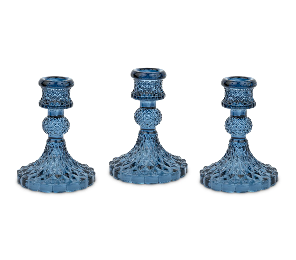 Vintage Style Pressed Glass Candle Holder – Blue – Set of 3