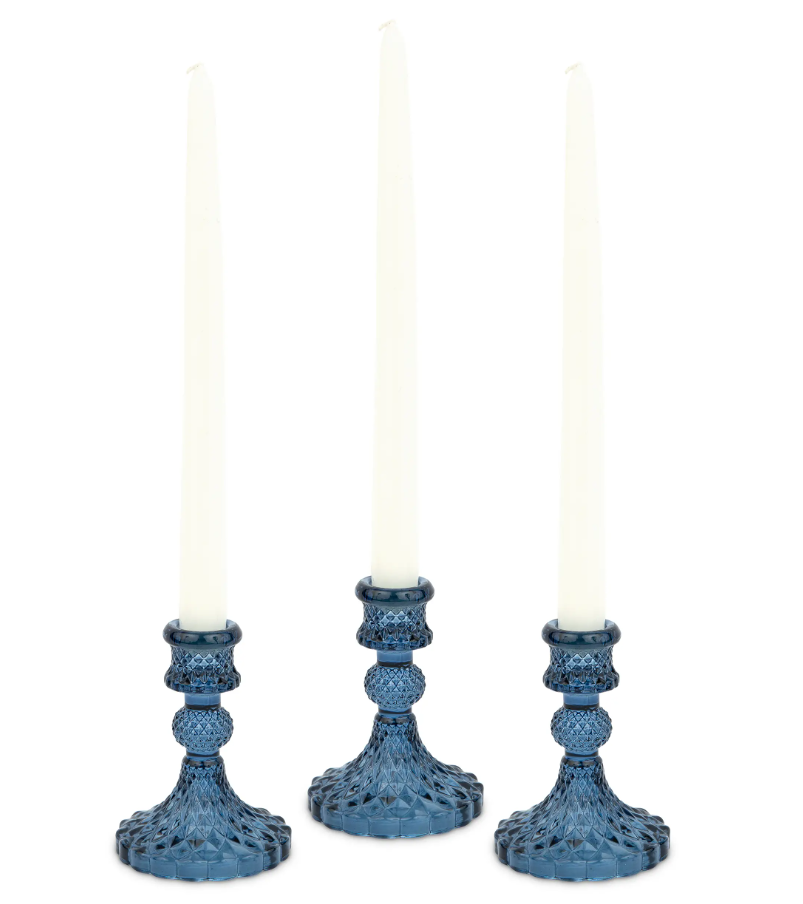 Vintage Style Pressed Glass Candle Holder – Blue – Set of 3