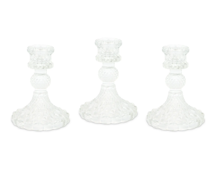 Vintage Style Pressed Glass Candle Holder – Clear – Set of 3