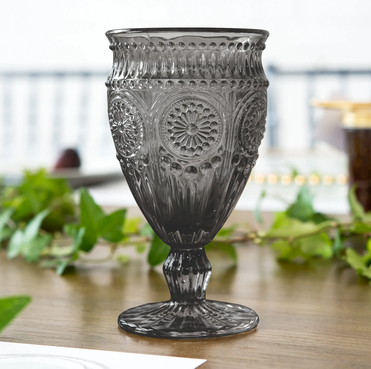 Vintage Style Pressed Glass Wine Goblet - Black