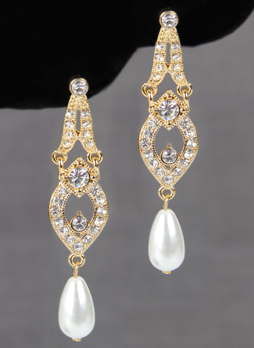 Tiered Earrings with Dangling Pearls - Gold