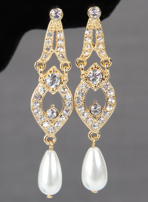 Tiered Earrings with Dangling Pearls - Gold