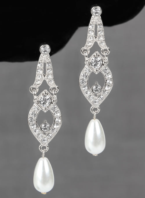 Tiered Earrings with Dangling Pearls - Silver