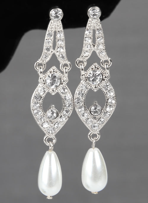 Tiered Earrings with Dangling Pearls - Silver