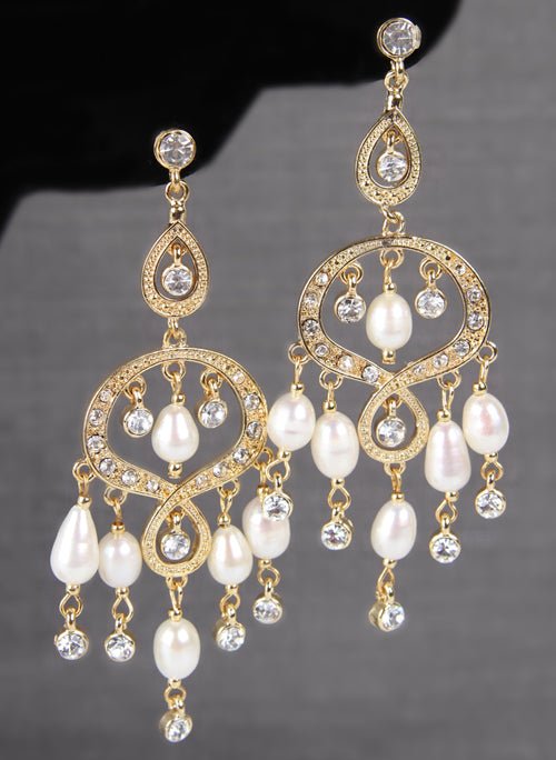 Rhinestone &amp; Pearl Chandelier Earrings - Gold