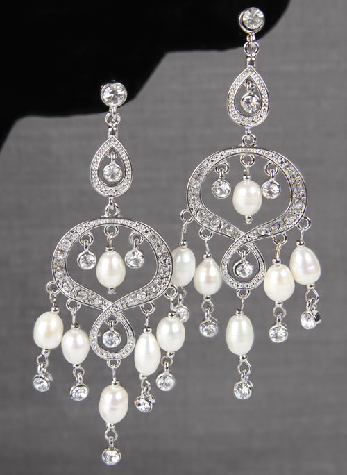 Rhinestone &amp; Pearl Chandelier Earrings - Silver