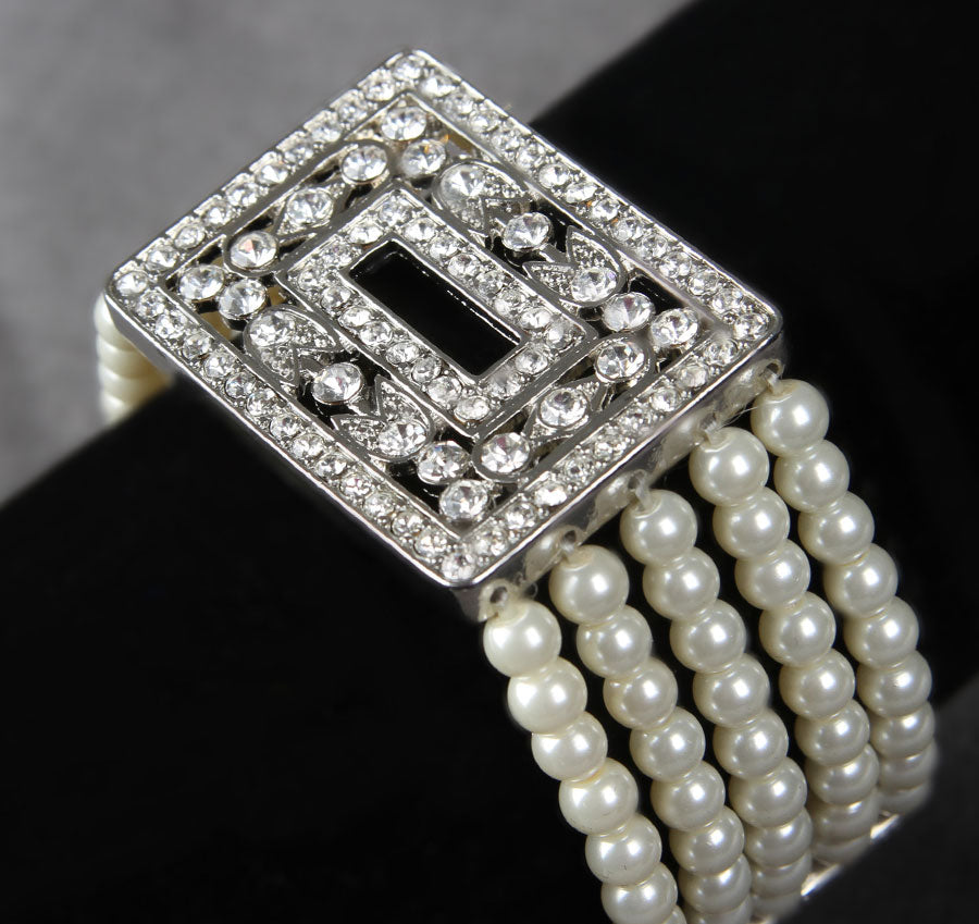 Silver Pearl Wedding Bracelet with Crystal Ornament
