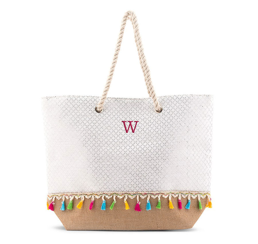Personalized Straw Bridesmaid Tote Bag - Color Fringe
