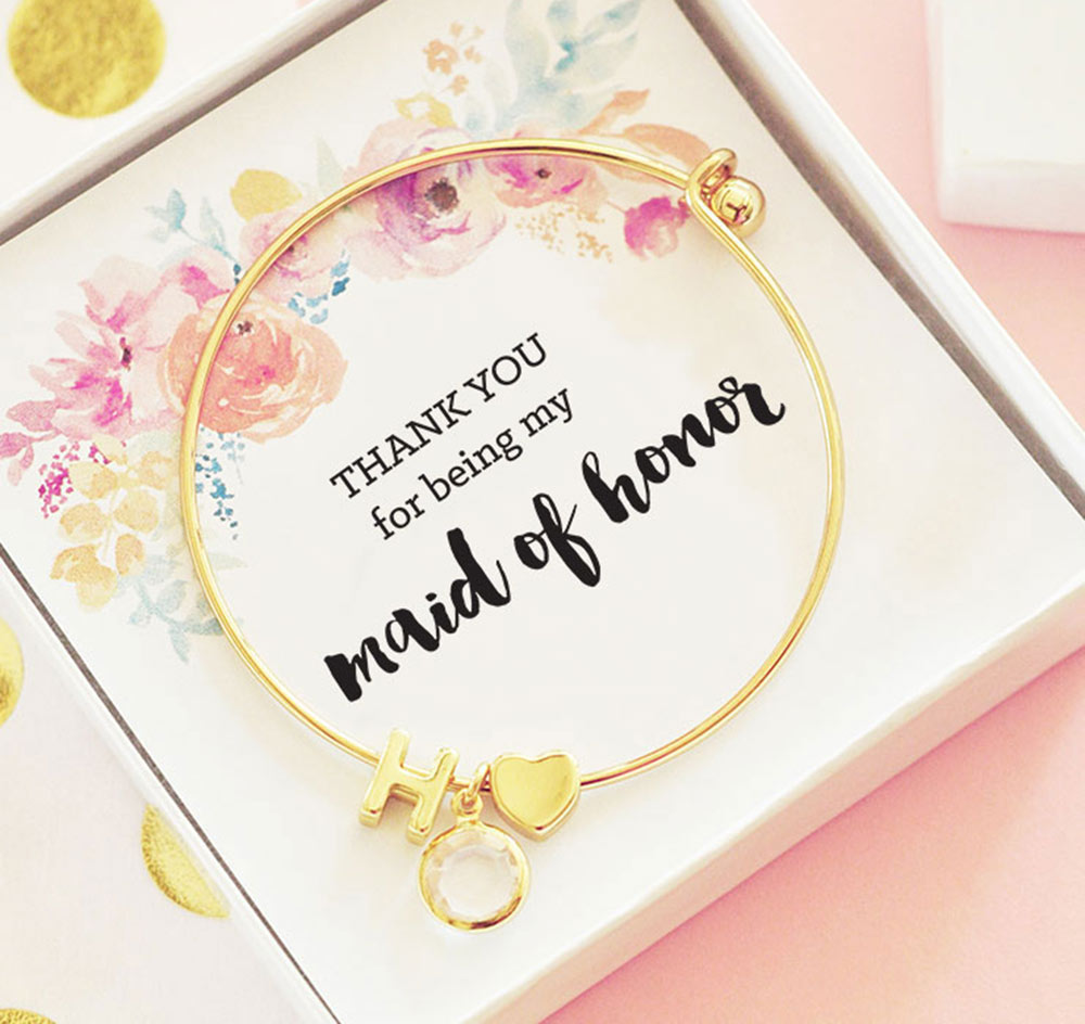 Gold Initial Bridesmaid Bracelet - Floral Insert