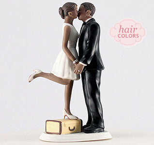 Kiss &amp; We&#39;re Off Bride &amp; Groom Cake Topper - Dark Skin Tone
