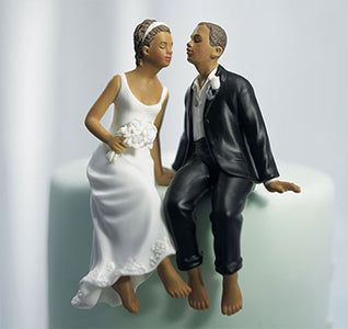 Whimsical Sitting Bride &amp; Groom Cake Topper - Dark Skin Tone