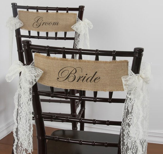 Bride and Groom Burlap Chair Sashes with Lace Ties