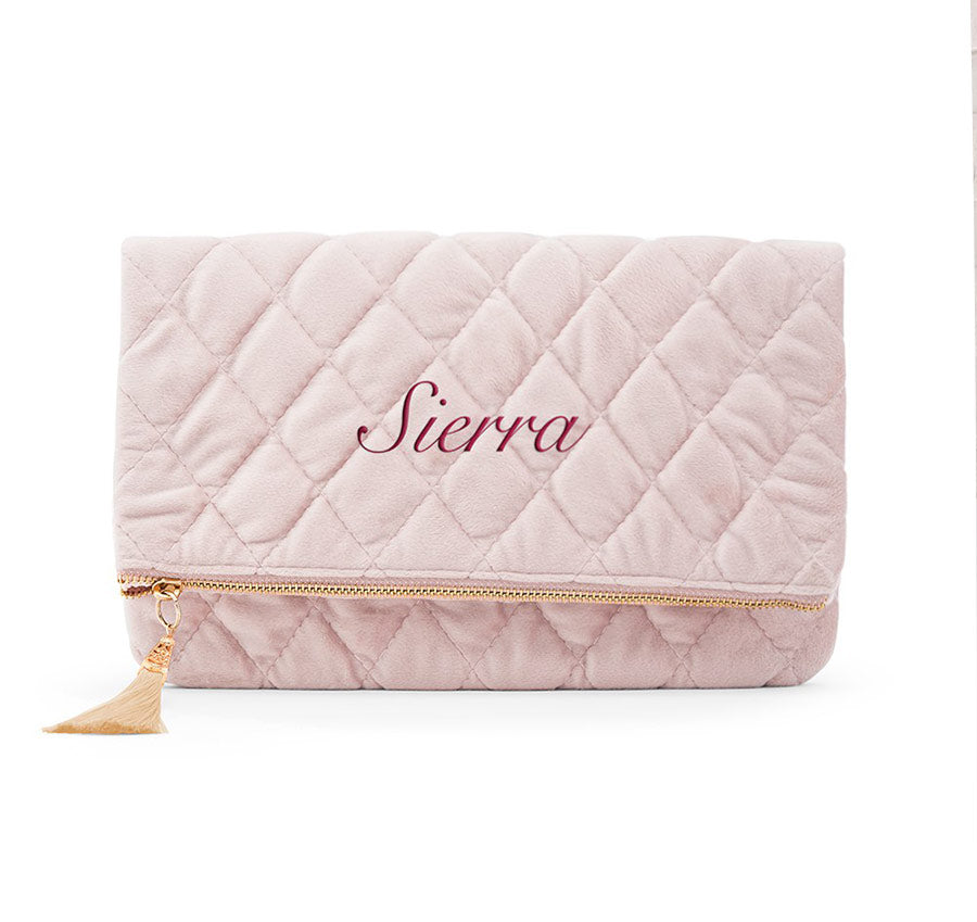 Personalized Fold Over Velvet Clutch - Blush Pink