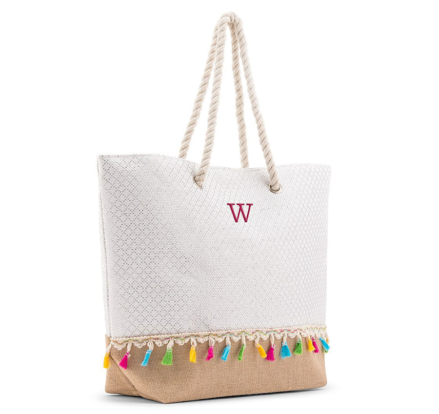 Personalized Straw Bridesmaid Tote Bag - Color Fringe
