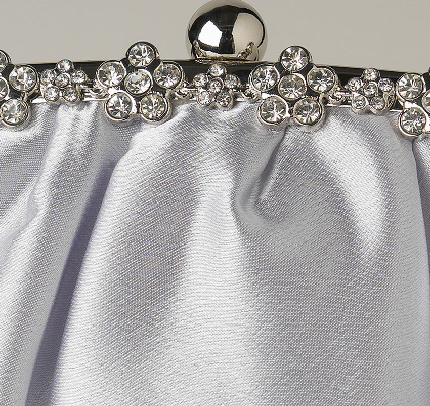Silver Satin Clutch with Rhinestone Flowers