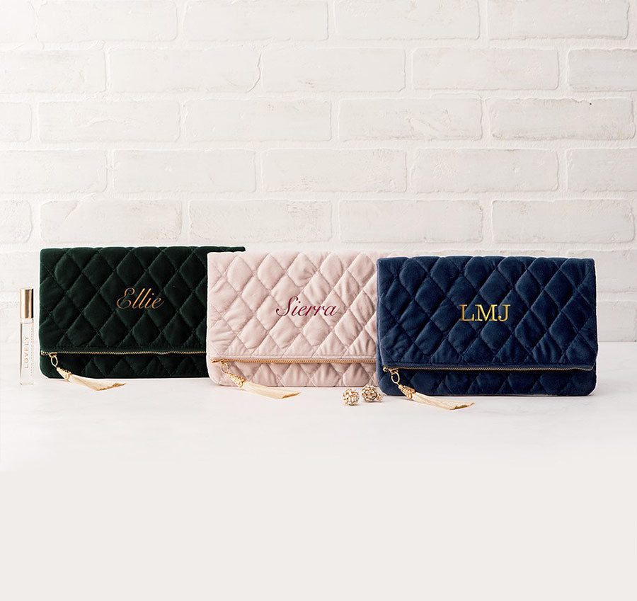 Personalized Fold Over Velvet Clutch - Navy