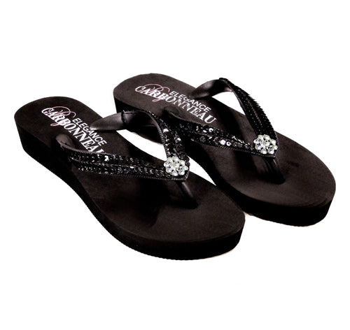 Sequins &amp; Crystals Low Wedge Bridal Flip Flops - Black