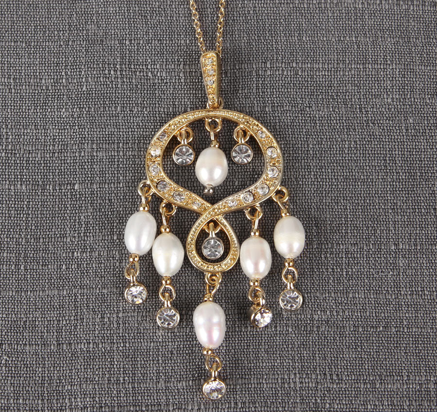 Gold Rhinestone &amp; Pearl Chandelier Pendant Wedding Necklace