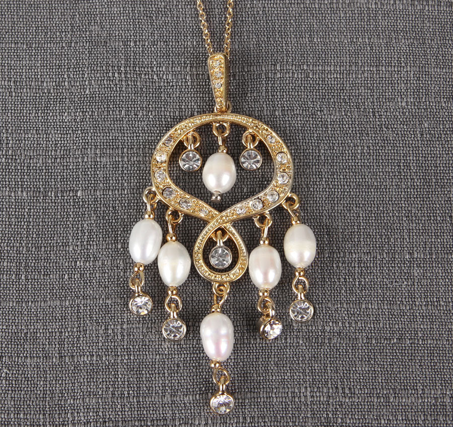 Gold Rhinestone & Pearl Chandelier Pendant Wedding Necklace