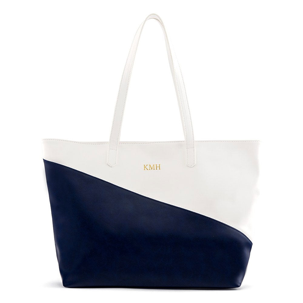 Faux Leather Color Block Tote Bag - Navy &amp; White