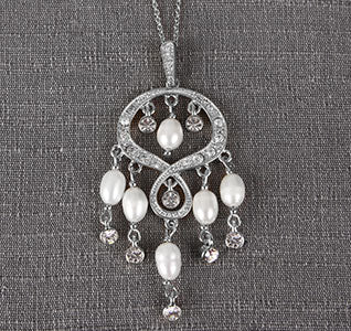 Silver Rhinestone &amp; Pearl Chandelier Wedding Necklace