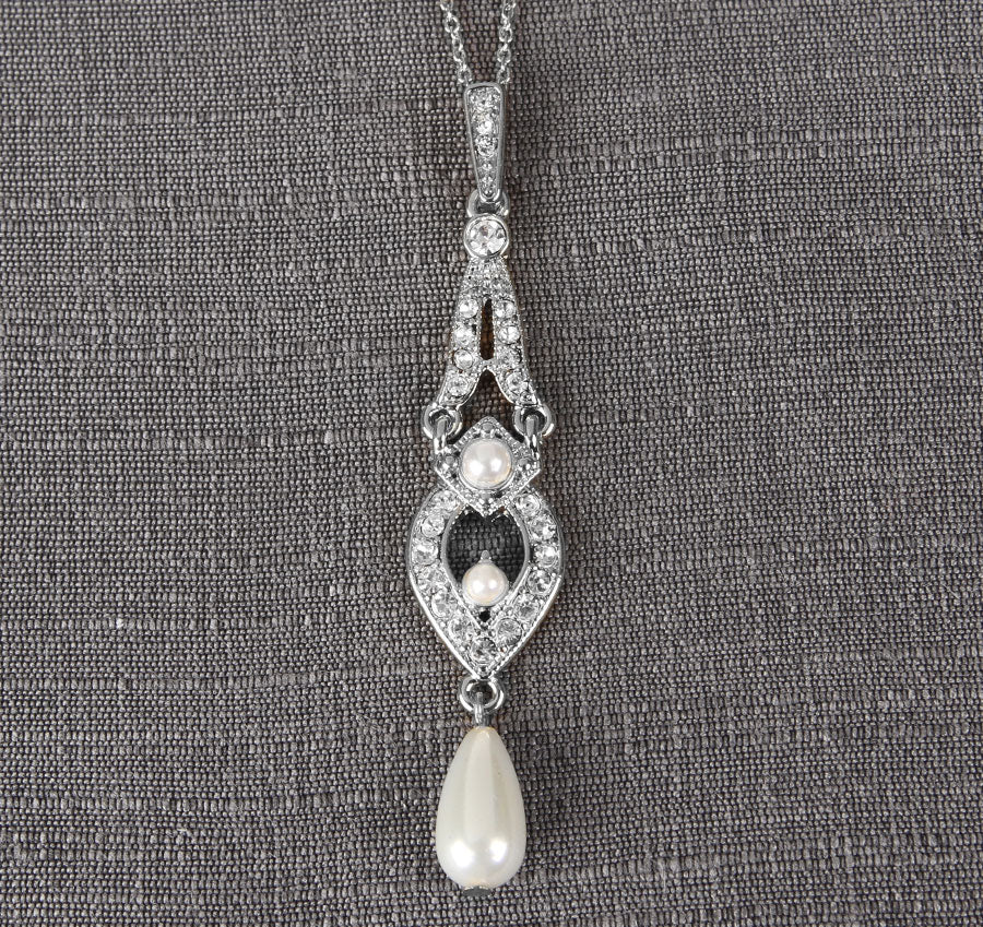 Silver Tiered Pendant Wedding Necklace with Dangling Pearls