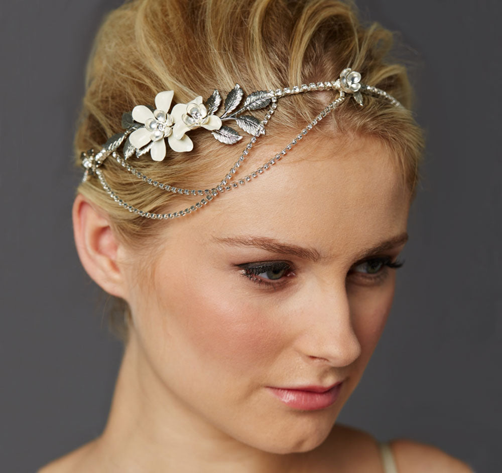 Preciosa Crystal Drapes Floral Wedding Crown - Silver