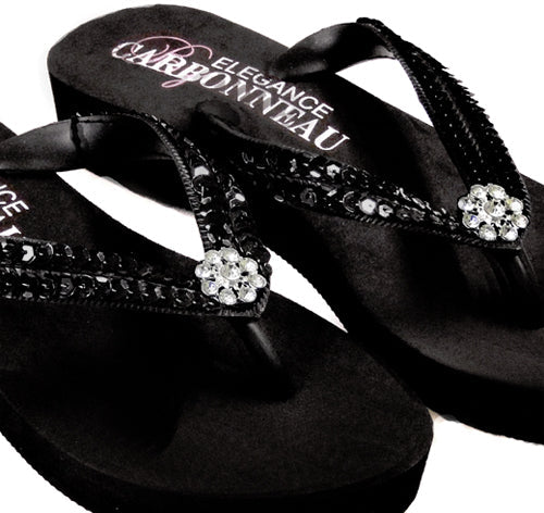 Sequins &amp; Crystals Low Wedge Bridal Flip Flops - Black
